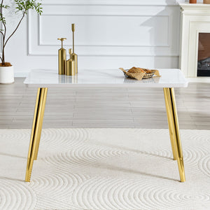English Elm Modern Marble Look Glass Top Dining Table with Gold Tapered Legs Seats Six W1151S04622