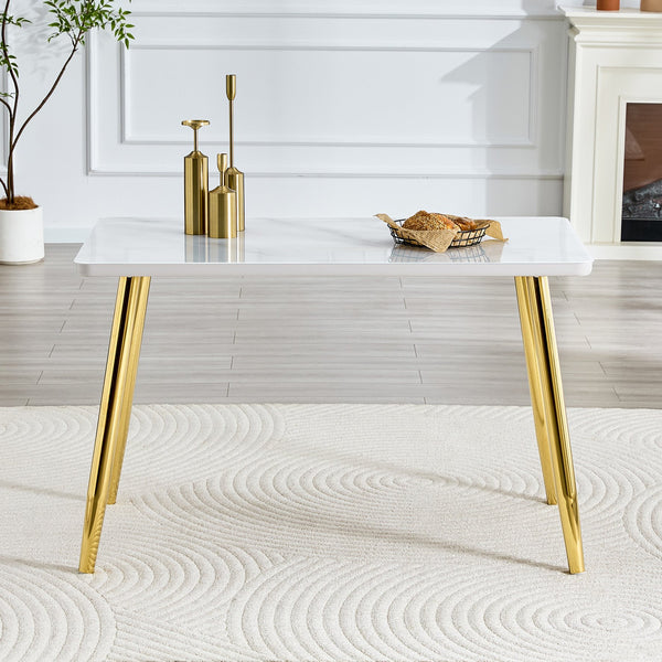 English Elm Modern Marble Look Glass Top Dining Table with Gold Tapered Legs Seats Six W1151S04622