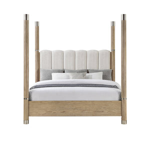 English Elm Sarai Four-Post Solid Wood Bed with Plush Upholstered Headboard and Metal Accents, Low Profile Queen Brown B201S00414