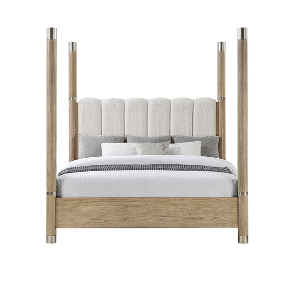 English Elm Sarai Four-Post Solid Wood Bed with Plush Upholstered Headboard and Metal Accents, Low Profile Queen Brown B201S00414