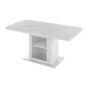 English Elm 47.24"-63"Modern Rectangle Dining Table with Extendable Top, Printed Marble Look, Sturdy Steel Base & Storage White W757P331962