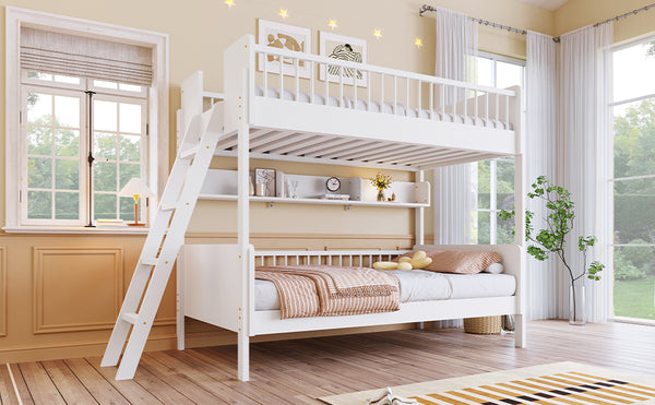 English Elm Twin Over Solid Wood Bunk Bed with Built in Shelves and Reversible Ladder N7090002224K