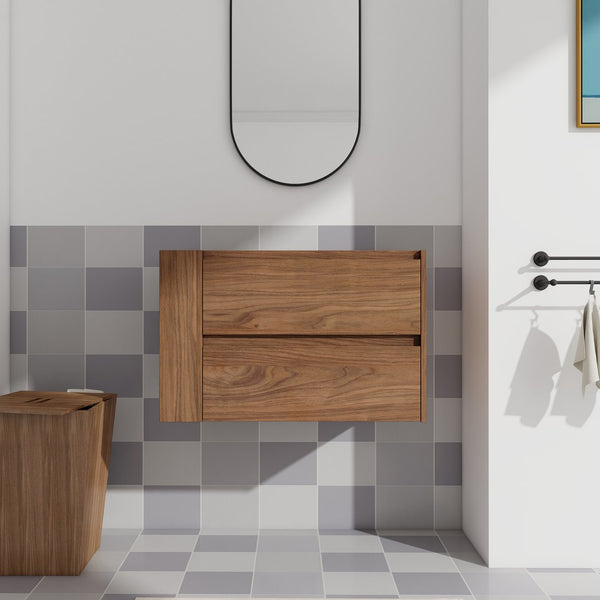 English Elm 30" Wall Mounting Bathroom Vanity Cabinet with Adjustable Side Shelf, Soft-Close 2/3 Drawers, Water-Resistant Plywood Brown Oak W999P193006