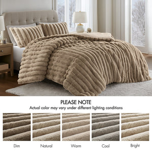 JLA Home Madison Park - Ultrasoft Faux Fur Ribbed Comforter Set reinvents your bedroom with plush velvet reverse, Oeko‑Tex safety and lasting loft Taupe MP10-8440