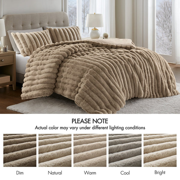 JLA Home Madison Park - Ultrasoft Faux Fur Ribbed Comforter Set reinvents your bedroom with plush velvet reverse, Oeko‑Tex safety and lasting loft Taupe MP10-8440