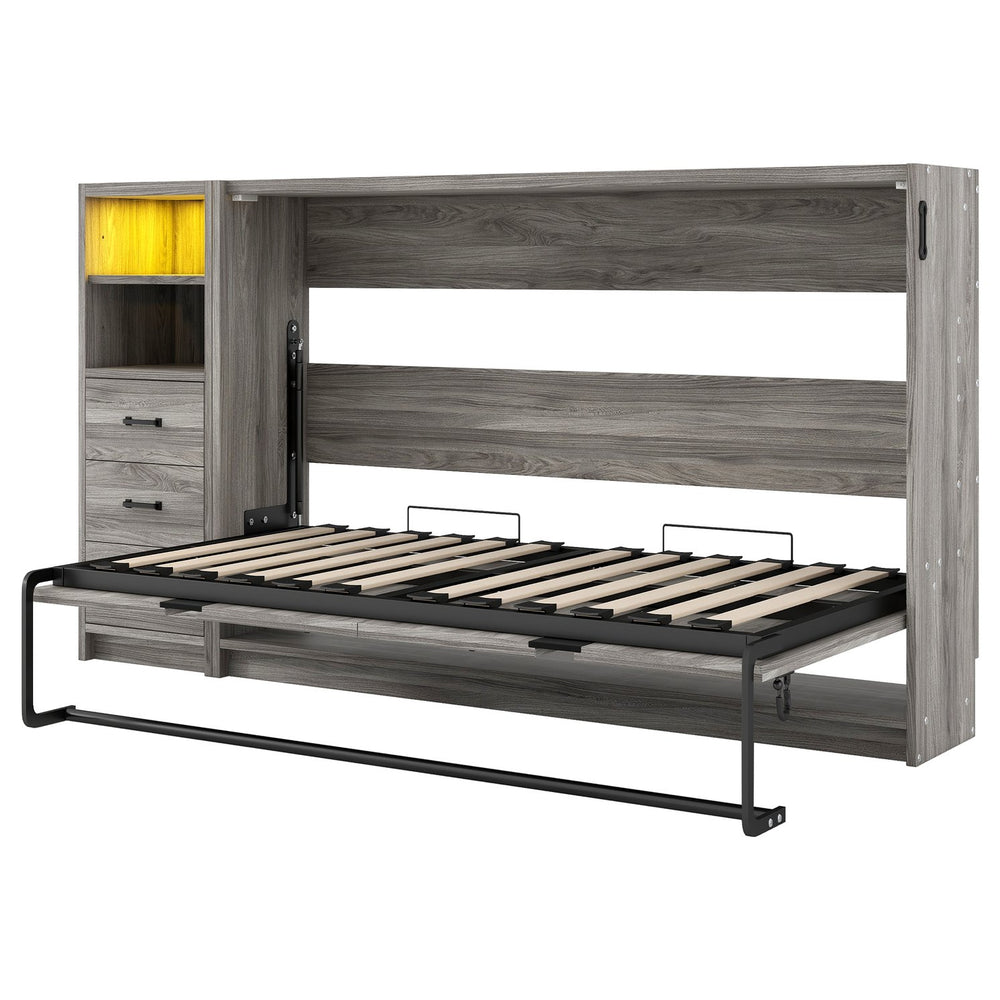 English Elm Twin Murphy Bed with Drawers & LED Light — Space-Saving Gray Cabinet Bed, Solid MDF/Pine, 800lb Capacity N709P002049D