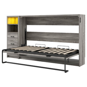 English Elm Twin Murphy Bed with Drawers & LED Light — Space-Saving Gray Cabinet Bed, Solid MDF/Pine, 800lb Capacity N709P002049D