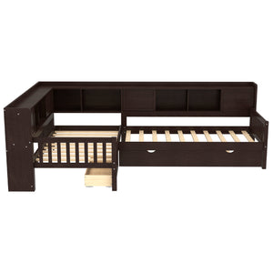 English Elm L-shaped Twin Platform Bed with Trundle, Solid Wood Corner Sleeper with Drawers, Shelves, No Box Spring Needed Espresso W1580S00261
