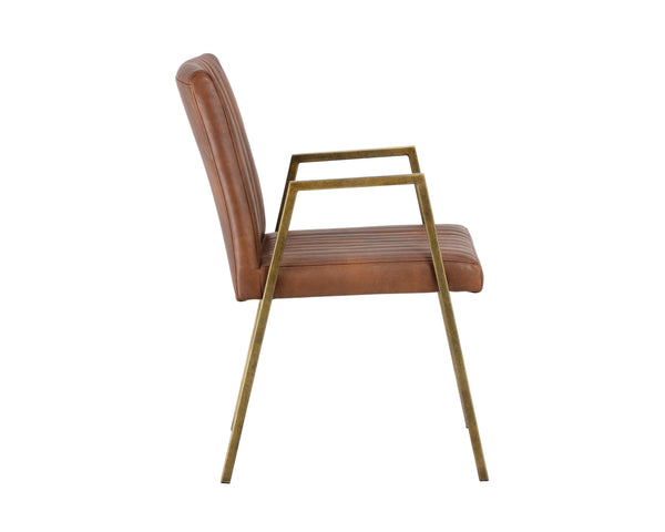Sunpan Homer Dining Armchair - Stylish Industrial Design with Antique Brass Frame and Bold Channel Stitching Bravo Cognac