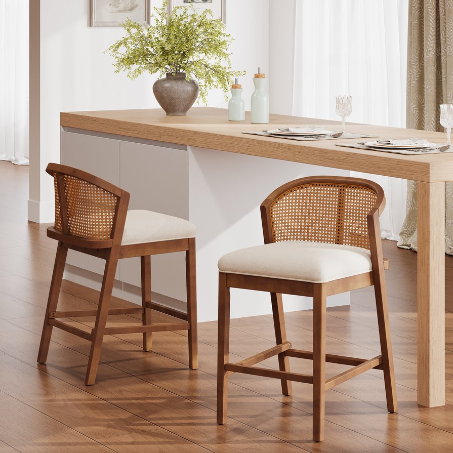 English Elm Christopher Knight Home® - Tatti Plush Padded Counter Stool Set of 2 with Rattan-Accented Curved Back and Wood Frame, Cozy Beige,Walnut N775P271407W
