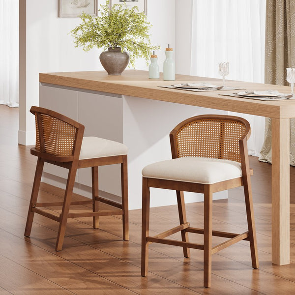 English Elm Christopher Knight Home® - Tatti Plush Padded Counter Stool Set of 2 with Rattan-Accented Curved Back and Wood Frame, Cozy Beige,Walnut N775P271407W