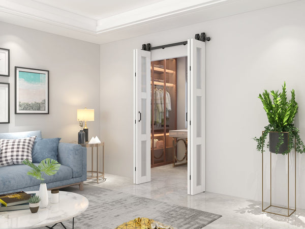 English Elm 30 in Matte Black Steel Sliding Barn Door Frosted Glass Privacy Panel with Hardware B2763P483212