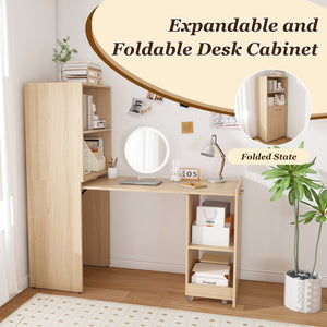 English Elm Stretchable expandable office desk with magnetic fold, lockable casters, adjustable shelves for storage and space-saving Natural Wood W509P355681