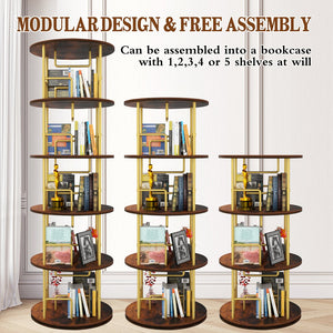 English Elm 5 Tier Rotating Bookshelf Tower with 360° Spin, Space-Saving Corner Display, Modern MDF Storage Unit Golden W3204P354235