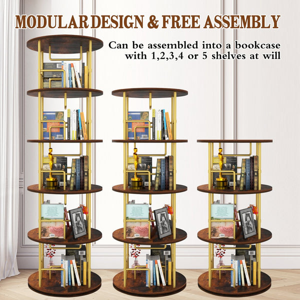 English Elm 5 Tier Rotating Bookshelf Tower with 360° Spin, Space-Saving Corner Display, Modern MDF Storage Unit Golden W3204P354235