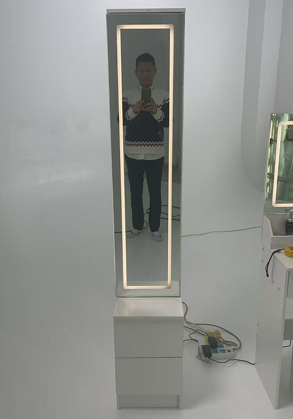 English Elm Length Floor Standing Vanity Mirror Cabinet with Led Lighting Jewelry Cosmetic Storage White W3258P453345