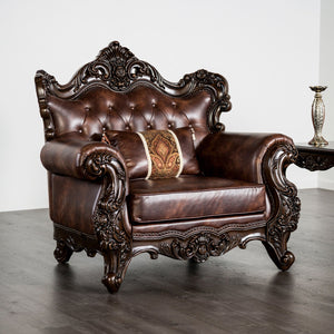 English Elm Traditional Carved Tufted Accent Chair with Rolled Arms, Nailhead Trim and Elegant Upholstery Brown,Cherry 52 L x 43 W x 27 H B2741P380805