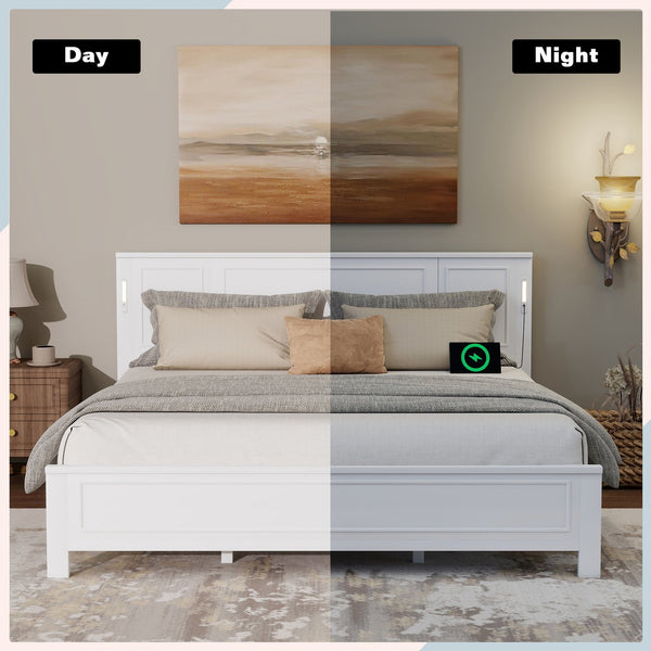 English Elm King Pine Wood Platform Bed with Led Lighting Usb Charging Tall Panel Headboard White W504S00274