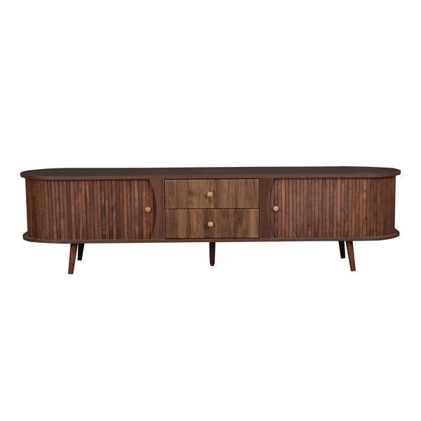 English Elm 70 Inch Mid Century Media Console with Tambour Doors Fluted Drawers and Wood Legs N710P419840P