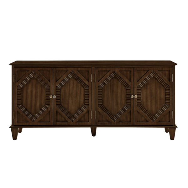 English Elm 65.2" Mid Century Sideboard Buffet with Fluted Geometric Doors, Spacious Adjustable Shelves & Brass Accents Walnut W1801P346228