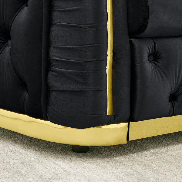 English Elm 2 Piece Velvet Chesterfield Sofa Set with Gold Steel Trim Button Tufted Living Room Couch Black W1191S00099
