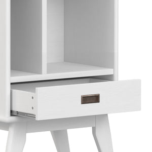 English Elm Draper Mid Century White Bookcase & Storage Unit — Solid Rubberwood, 6 Shelves, Drawer, Retro Chic B136P238620