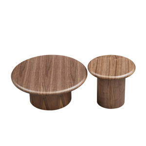 English Elm 2-piece Nesting Round Coffee Table Set Wood Veneer Sculptural Living Room Accent Walnut W2582S00184