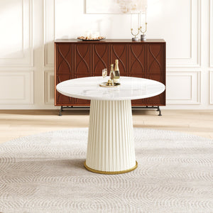 English Elm Modern 35.43 Inch Round Dining Table with Glossy Sintered Stone Top, Pleated PU Leather Iron Pedestal, Adjustable Feet for Stable Elegant White W3456S00055