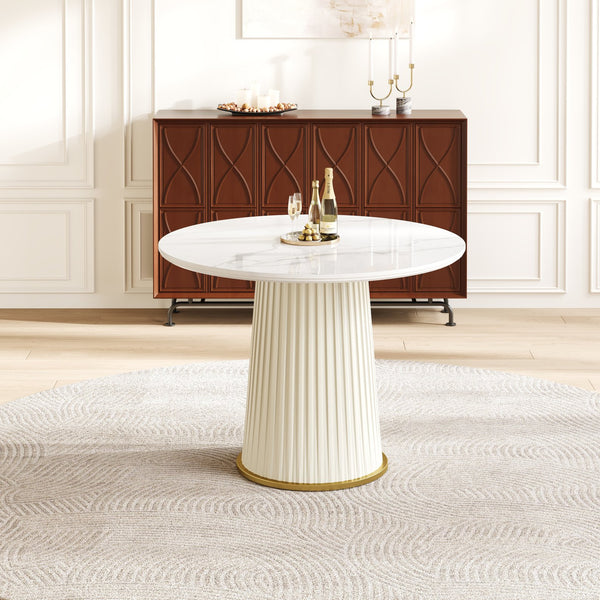 English Elm Modern 35.43 Inch Round Dining Table with Glossy Sintered Stone Top, Pleated PU Leather Iron Pedestal, Adjustable Feet for Stable Elegant White W3456S00055