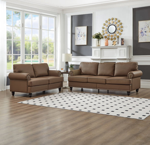 English Elm Modern Classic Living Room 2+3 Seater Sofa Set with Nailhead Trim, Removable Covers, Coil Springs, Hidden Storage Brown W1097S00180