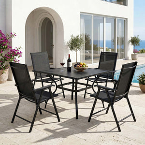 English Elm Outdoor Steel Bistro Dining Set with Slatted Square Table and Four Folding Mesh Chairs Black W5159S00002