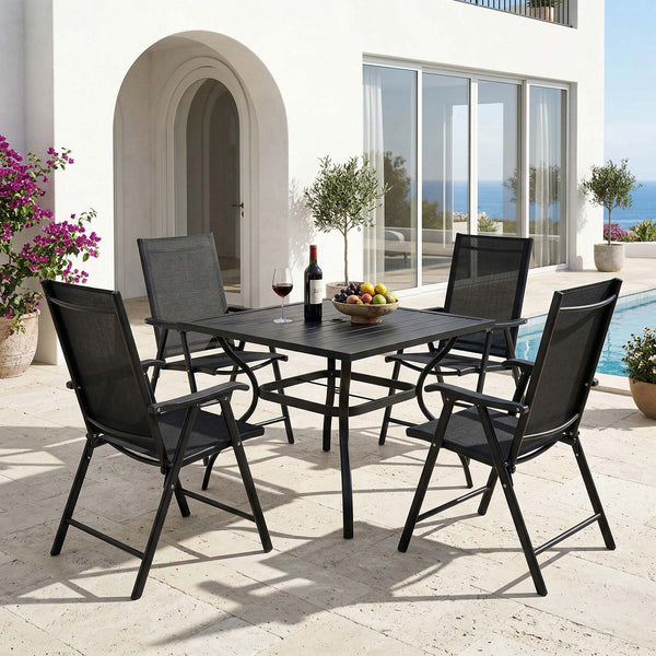 English Elm Outdoor Steel Bistro Dining Set with Slatted Square Table and Four Folding Mesh Chairs Black W5159S00002