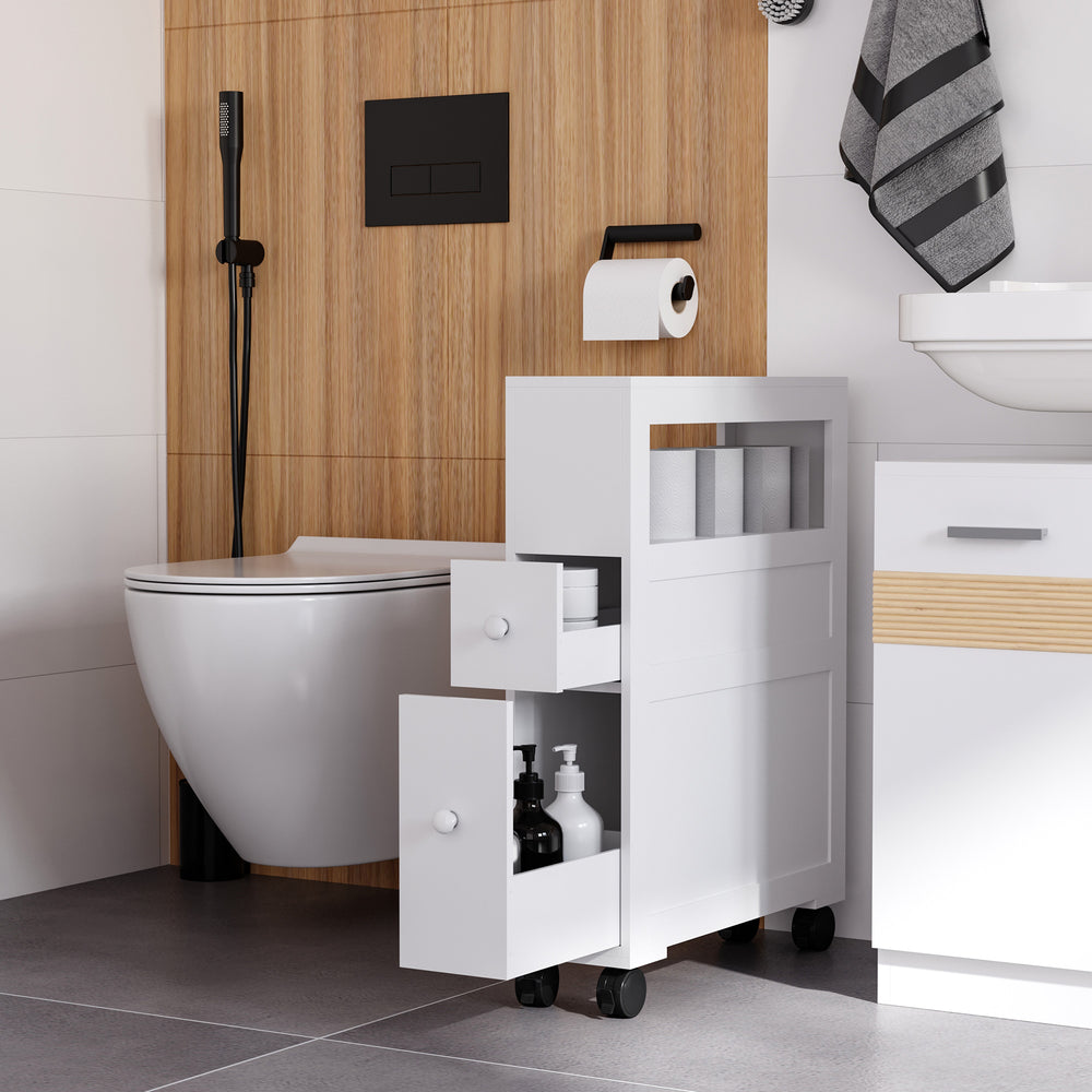 English Elm HOMCOM Slim Rolling Bathroom Cabinet with Shelf & 2 Drawers, Locking Wheels, MDF 6.25"x20.5"x28.25" W2225P216996