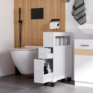 English Elm HOMCOM Slim Rolling Bathroom Cabinet with Shelf & 2 Drawers, Locking Wheels, MDF 6.25"x20.5"x28.25" W2225P216996