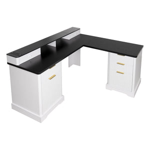 English Elm 59" Fluted Oak L-shaped Corner Desk with Charging Station Monitor Stand and File Storage White W2917S00004