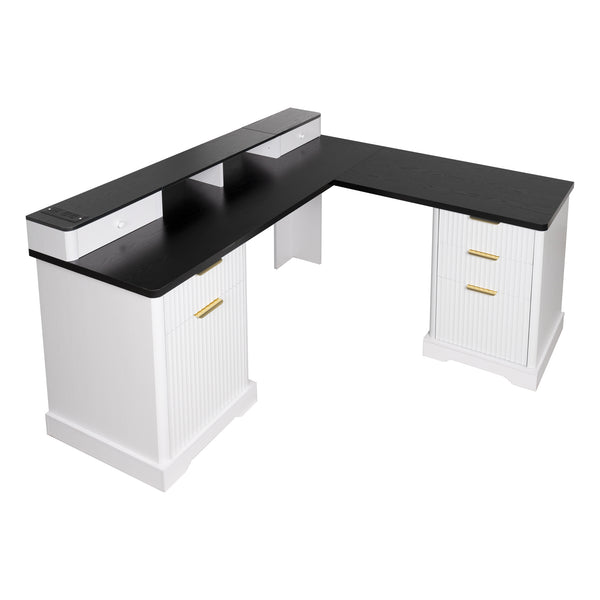 English Elm 59" Fluted Oak L-shaped Corner Desk with Charging Station Monitor Stand and File Storage White W2917S00004