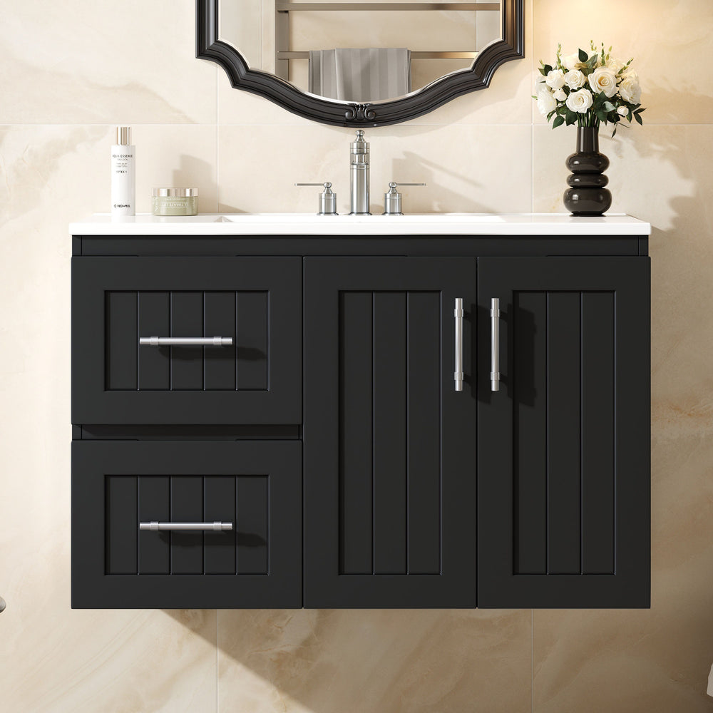 English Elm 36'' Wall Mounted Bathroom Vanity with Ceramic Sink, Solid Wood & MDF Floating Cabinet with Drawers Black N710P293299B