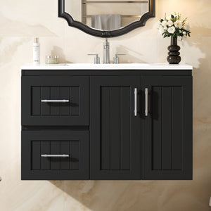 English Elm 36'' Wall Mounted Bathroom Vanity with Ceramic Sink, Solid Wood & MDF Floating Cabinet with Drawers Black N710P293299B