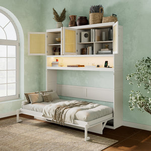 English Elm Twin Murphy Bed with Rattan Cabinet Doors Led Lighting and Usb Charging for Small Spaces White LP000740AAK
