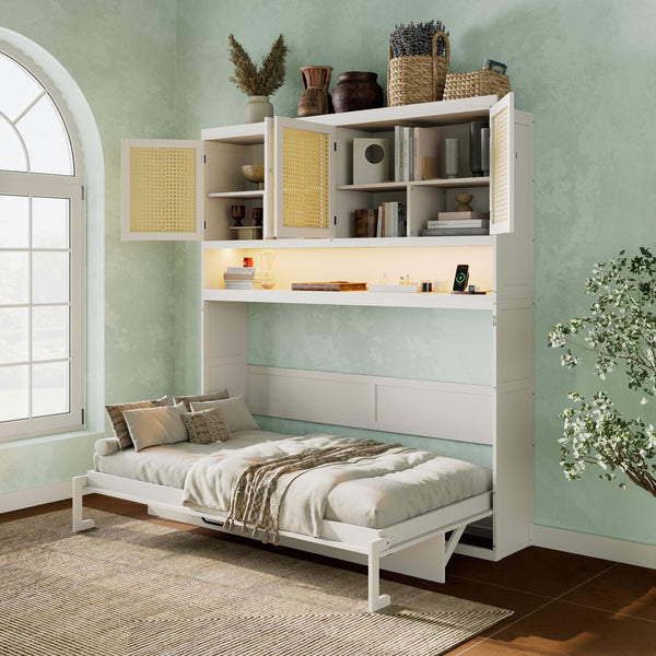 English Elm Twin Murphy Bed with Rattan Cabinet Doors Led Lighting and Usb Charging for Small Spaces White LP000740AAK
