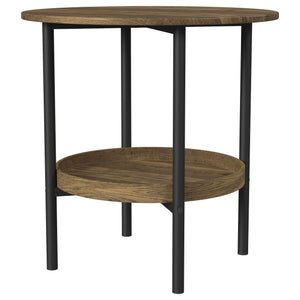 English Elm Kavita Round Farmhouse Side Table with Brown Wood Grain Top, Black Metal Legs & Lower Shelf Storage B062P299907