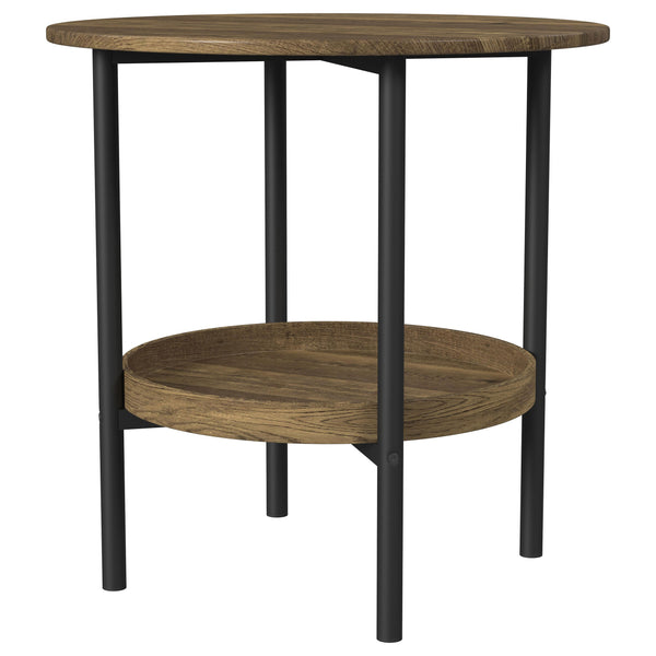 English Elm Kavita Round Farmhouse Side Table with Brown Wood Grain Top, Black Metal Legs & Lower Shelf Storage B062P299907