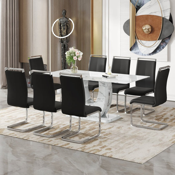 English Elm Table Modern Marble Dining Set - 71"X35.4" Tempered Glass Table With 8 Stylish Black Pu Chairs W1151S02117-GIGA