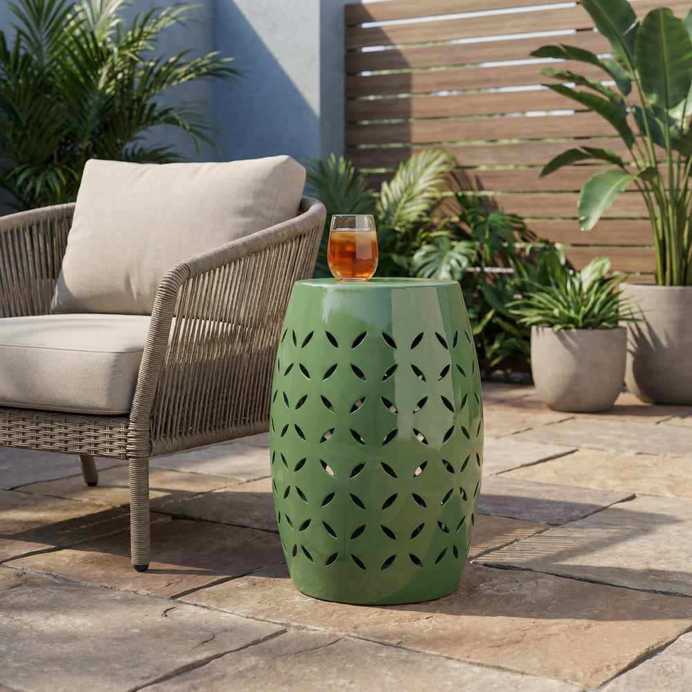 English Elm 12" Outdoor Iron Accent Table Lace Cut Barrel Design Perforated Metal Patio Side Green N773P365595G