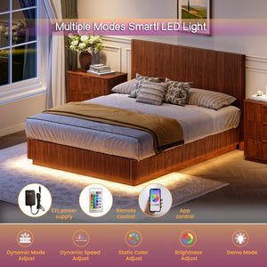 English Elm Queen Bed Frame with Led Lighting Curved Groove Panels and Floating Base Modern Bedroom Walnut W1820S00049