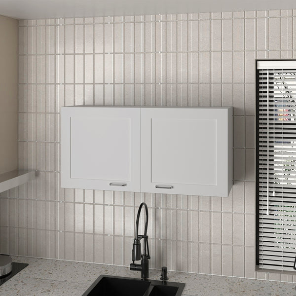 English Elm Utica Wall Cabinet with Mirrored Front and Clear Shelves for Modern Kitchens — Durable Engineered Wood Storage White B092P309179