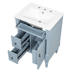 English Elm 24 Inch Freestanding Vanity with Ceramic Sink Rubberwood Frame Matte Finish Storage Blue+Grey N725P356058E