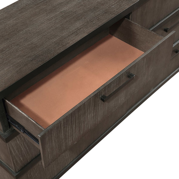 English Elm Two-Tone Modern Industrial Chest with Five Spacious Drawers Oak Veneer Texture and Bold Bar Hardware Black,Brown Gray 70.25 L x 21.5 W x 38.25 H B011P242782