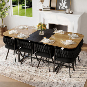 English Elm 9-piece Square Dining Set Velvet Upholstered Chairs Two-tone Tabletop Seats 8 Black,Wood W3875S00142