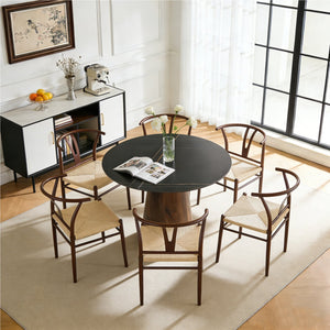 English Elm Table and Chair Set 42 Inch Round Stone Look Top with Six Rope Woven Wishbone Chairs W2920S00155